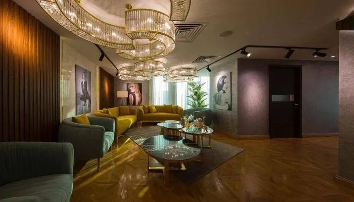 Spacious lounge with designer lighting